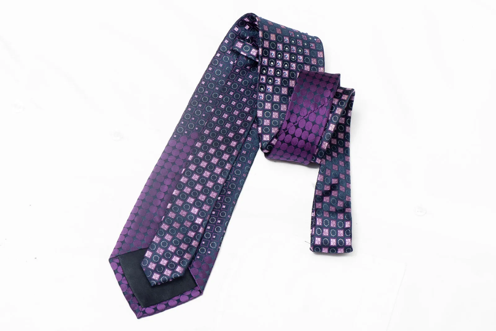 Purple Geometric Checkered On Navy Blue Rhinestone Silk Tie With Sparkles