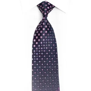 Purple Geometric Checkered On Navy Blue Rhinestone Silk Tie With Sparkles