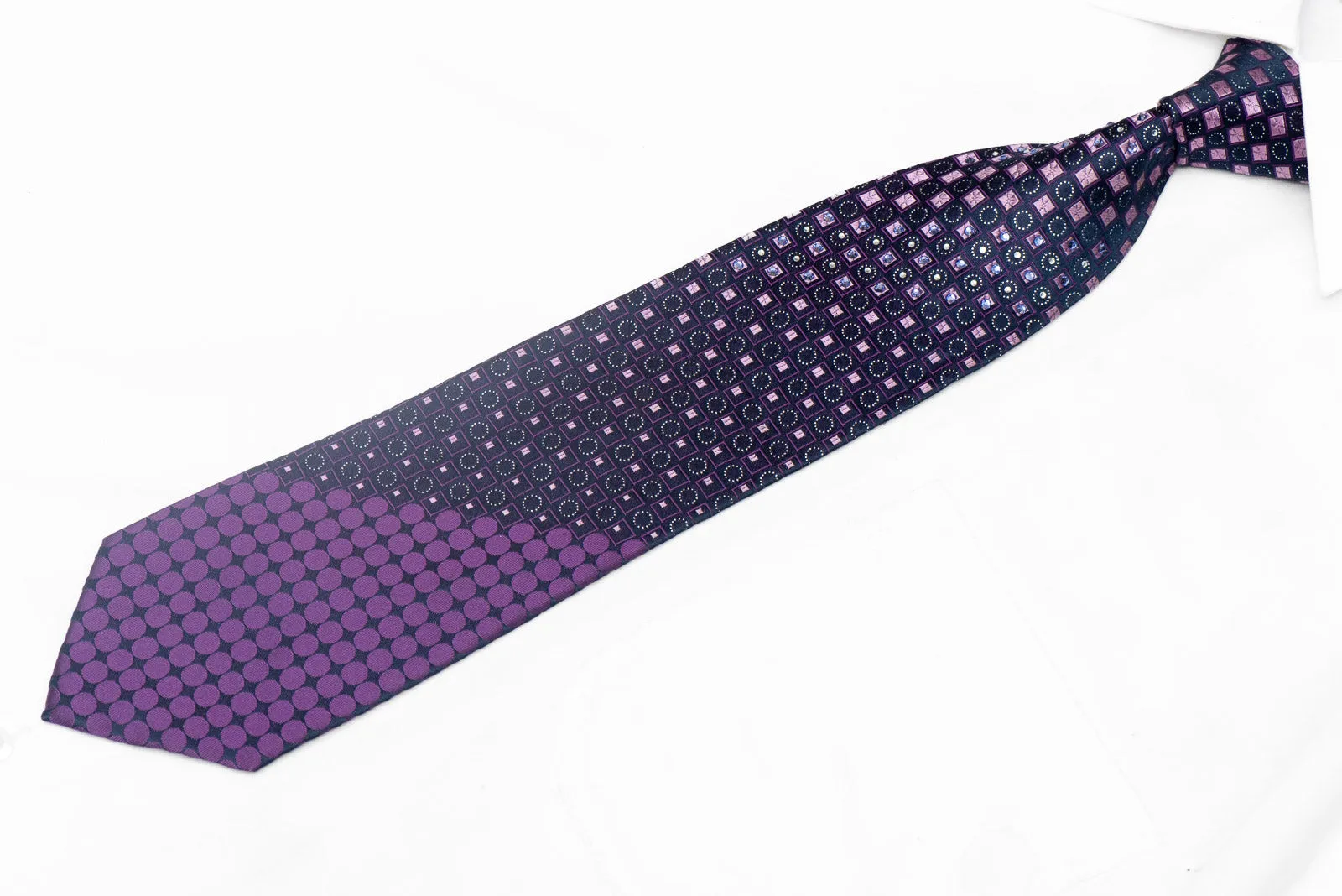 Purple Geometric Checkered On Navy Blue Rhinestone Silk Tie With Sparkles