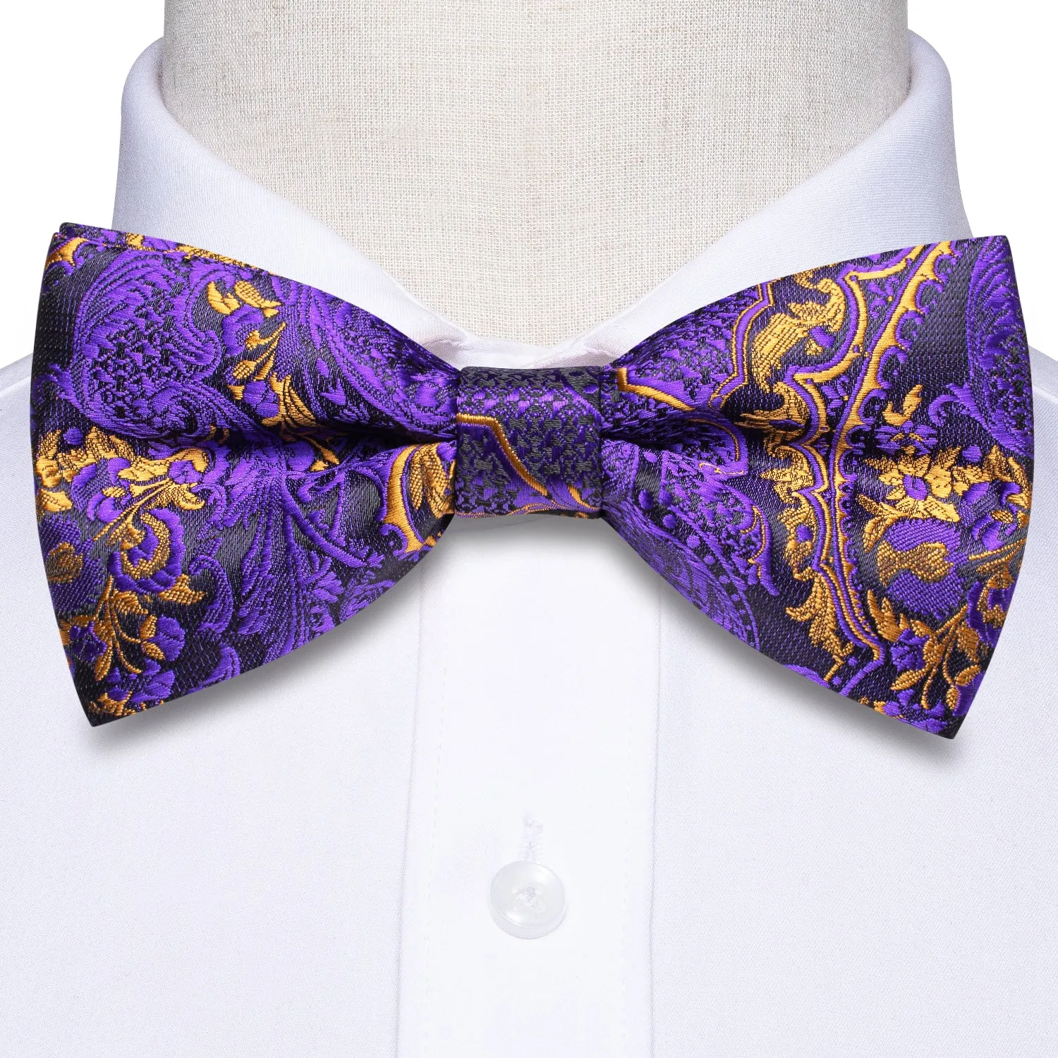 Purple Golden Paisley Pre-tied Bow Tie Hanky Cufflinks Set