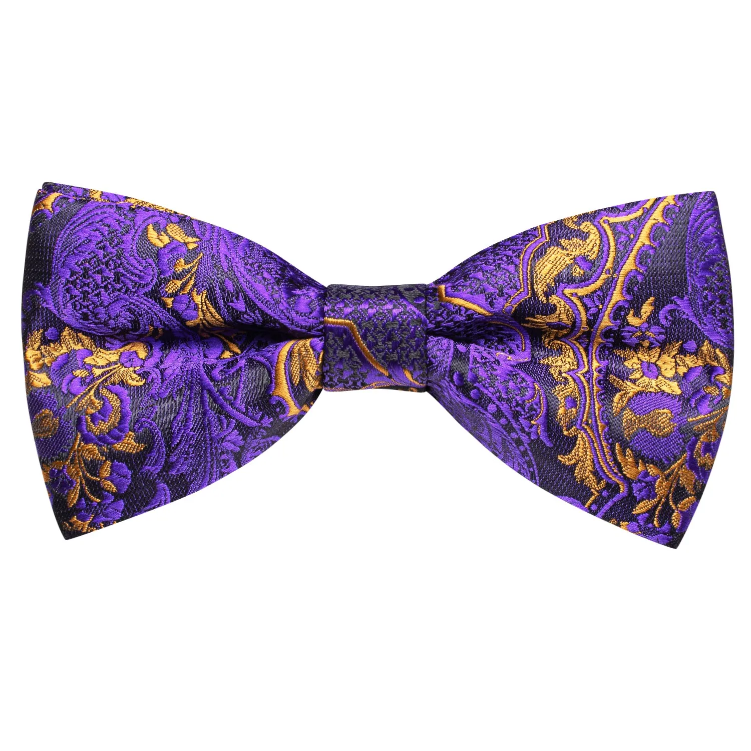 Purple Golden Paisley Pre-tied Bow Tie Hanky Cufflinks Set