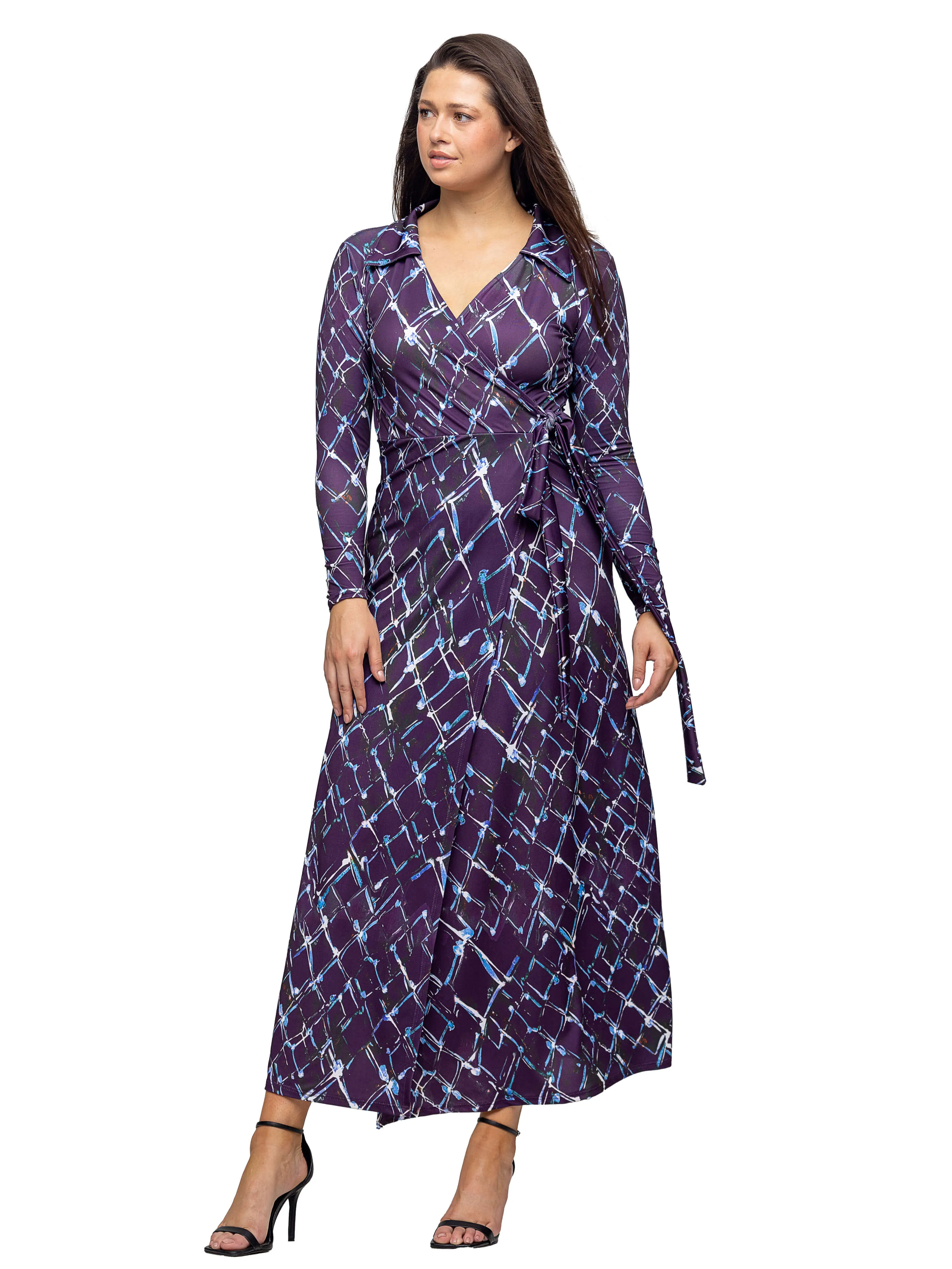 Purple Print Collared Wrap Maxi Dress