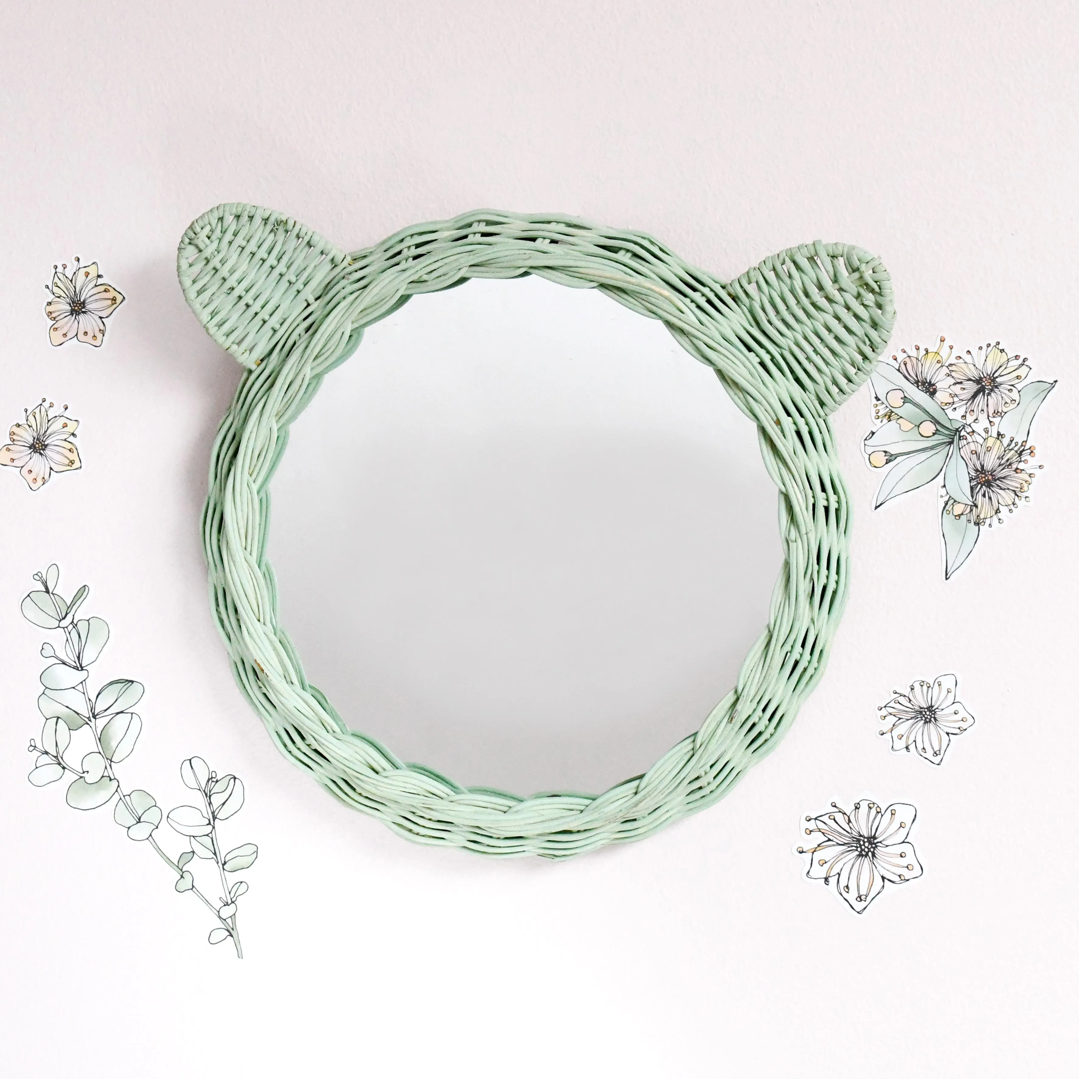 Rattan Bear Mirror - Mint Green