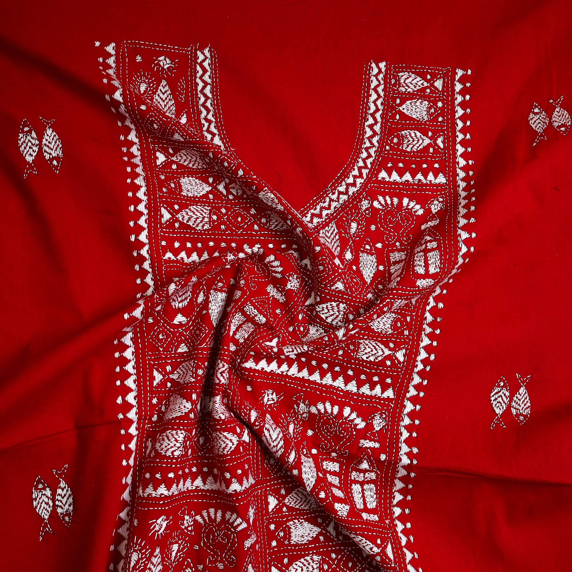 Red - Bengal Kantha Embroidery Cotton Kurta Material - (2.75m) 42