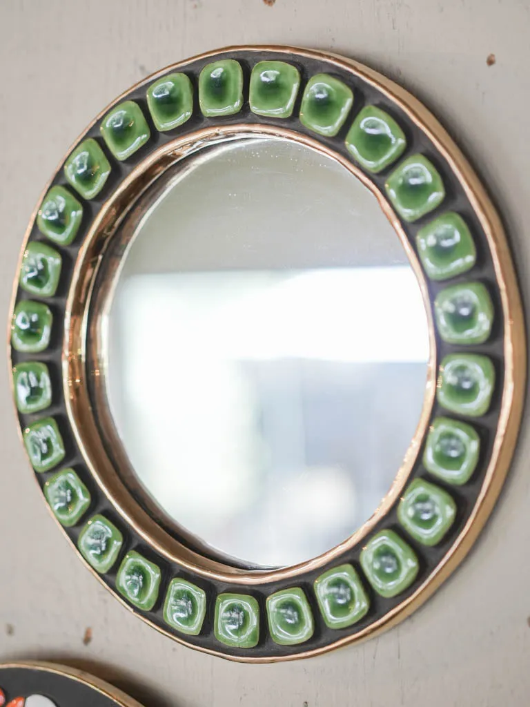 Round mid-century mirror w/ green tiles - Mithe Espelt (1924-2021) 9¾"