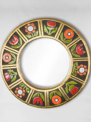 Round mid-century modern mirror w/ yellow & orange flowers - Mithe Espelt (1924-2021) - 11½"