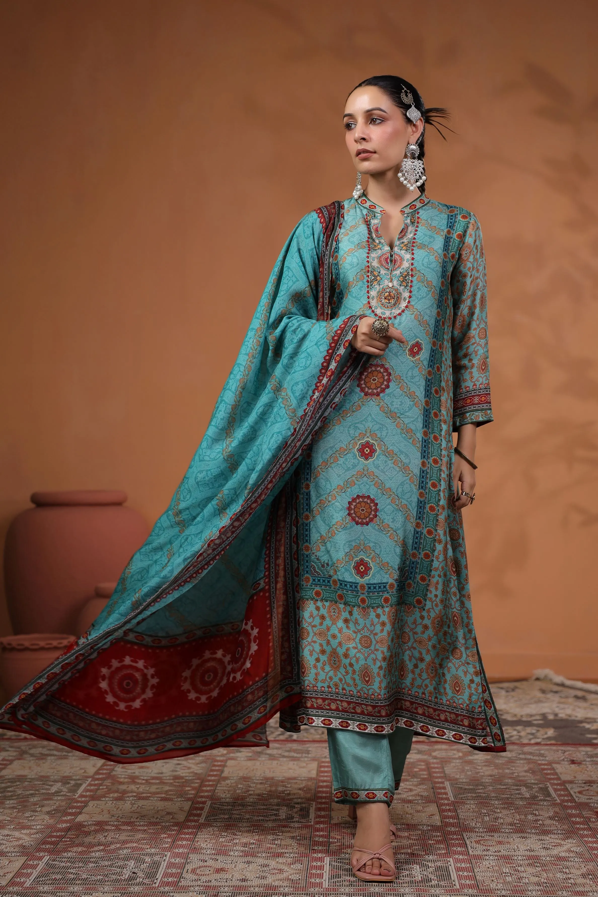 Sapphire Blue Printed Tussar Silk Pants Set