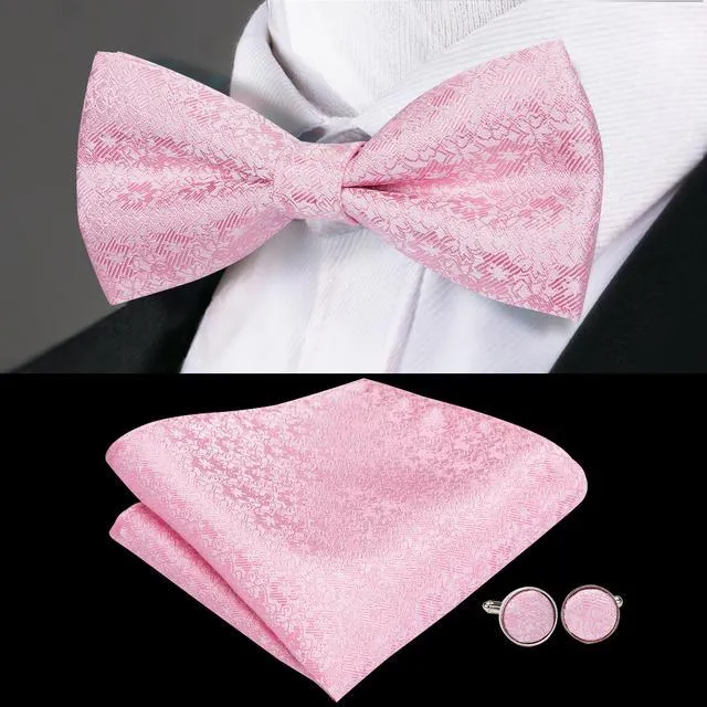 Silver Pink Floral Pre-tied Bow Tie Hanky Cufflinks Pin Set