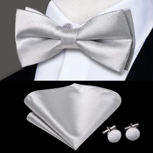 Silver Striped Pre-tied Bow Tie Hanky Cufflinks Set