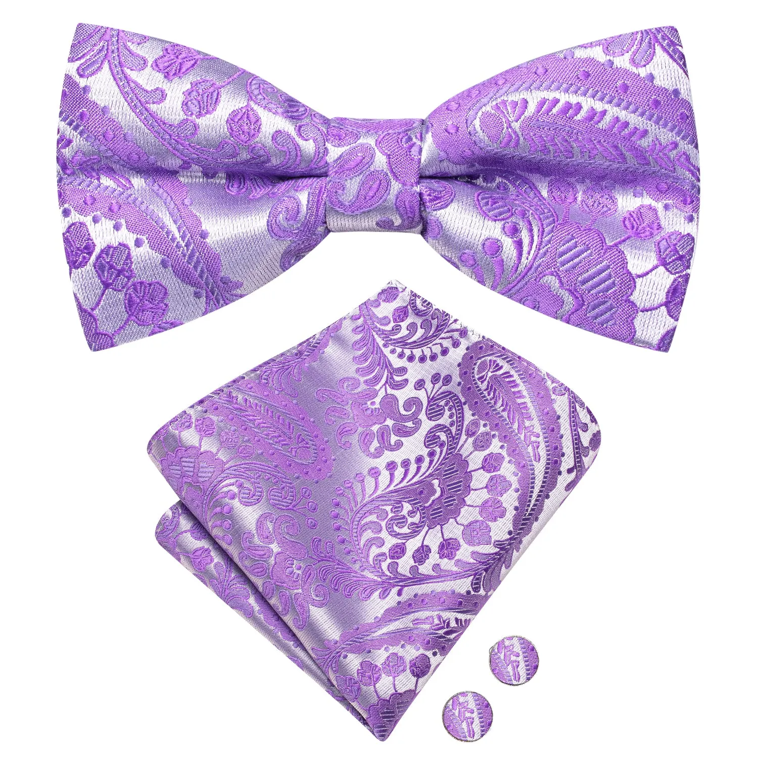 Sliver Purple Paisley Silk Pre-tied Bow Tie Hanky Cufflinks Set