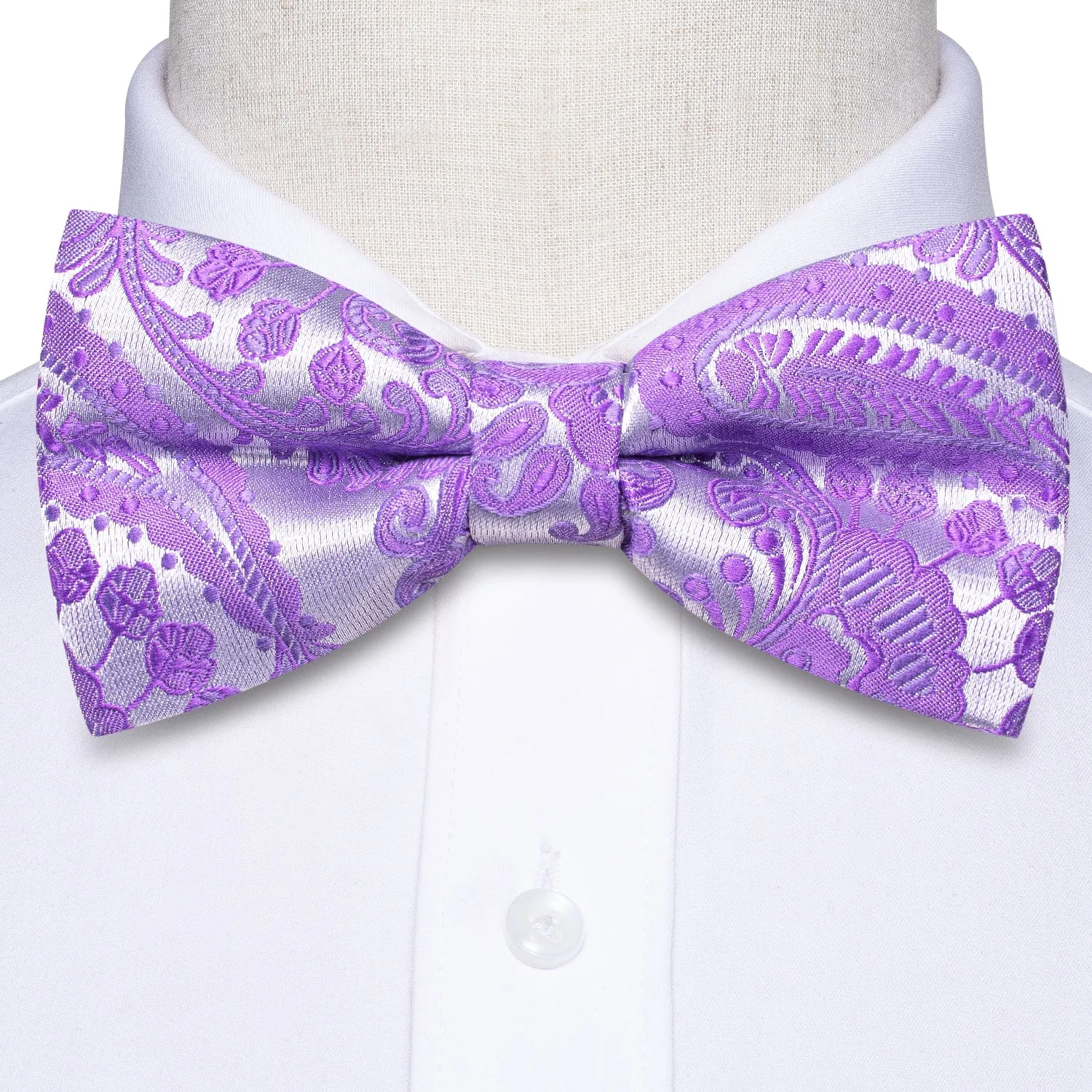 Sliver Purple Paisley Silk Pre-tied Bow Tie Hanky Cufflinks Set