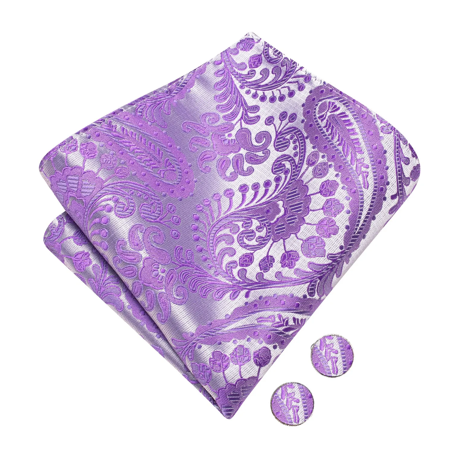 Sliver Purple Paisley Silk Pre-tied Bow Tie Hanky Cufflinks Set