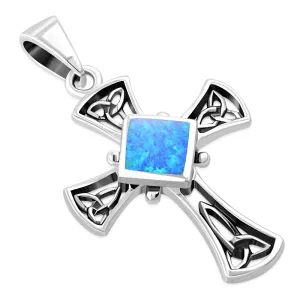 Synthetic Azure Blue Opal Celtic Irish Trinity Knot Cross Silver Pendant