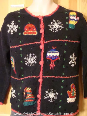 Tacky Cheesy Holiday Sweater with Mittens, Hats, and Snowflakes (f1194)