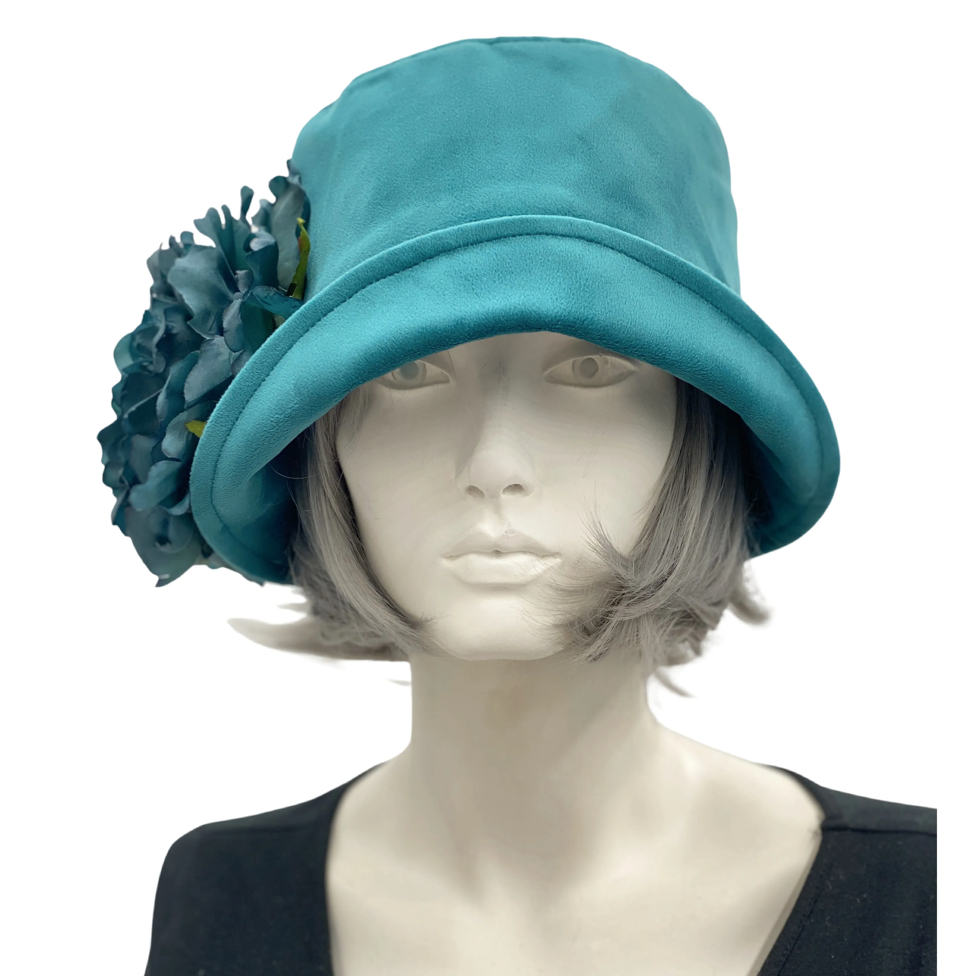 Teal Velvet Cloche Hat with Large Peony Flower | The Eleanor