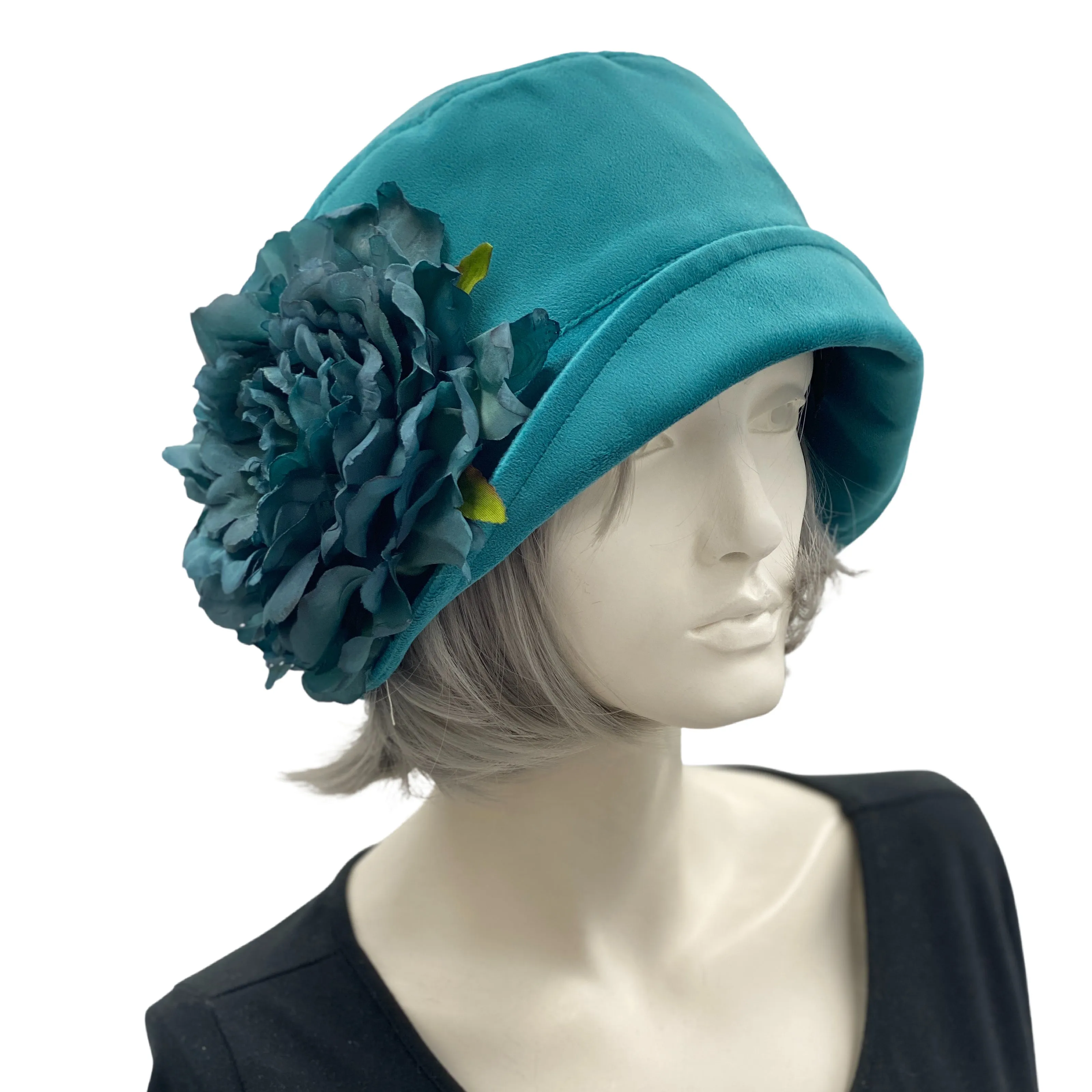 Teal Velvet Cloche Hat with Large Peony Flower | The Eleanor