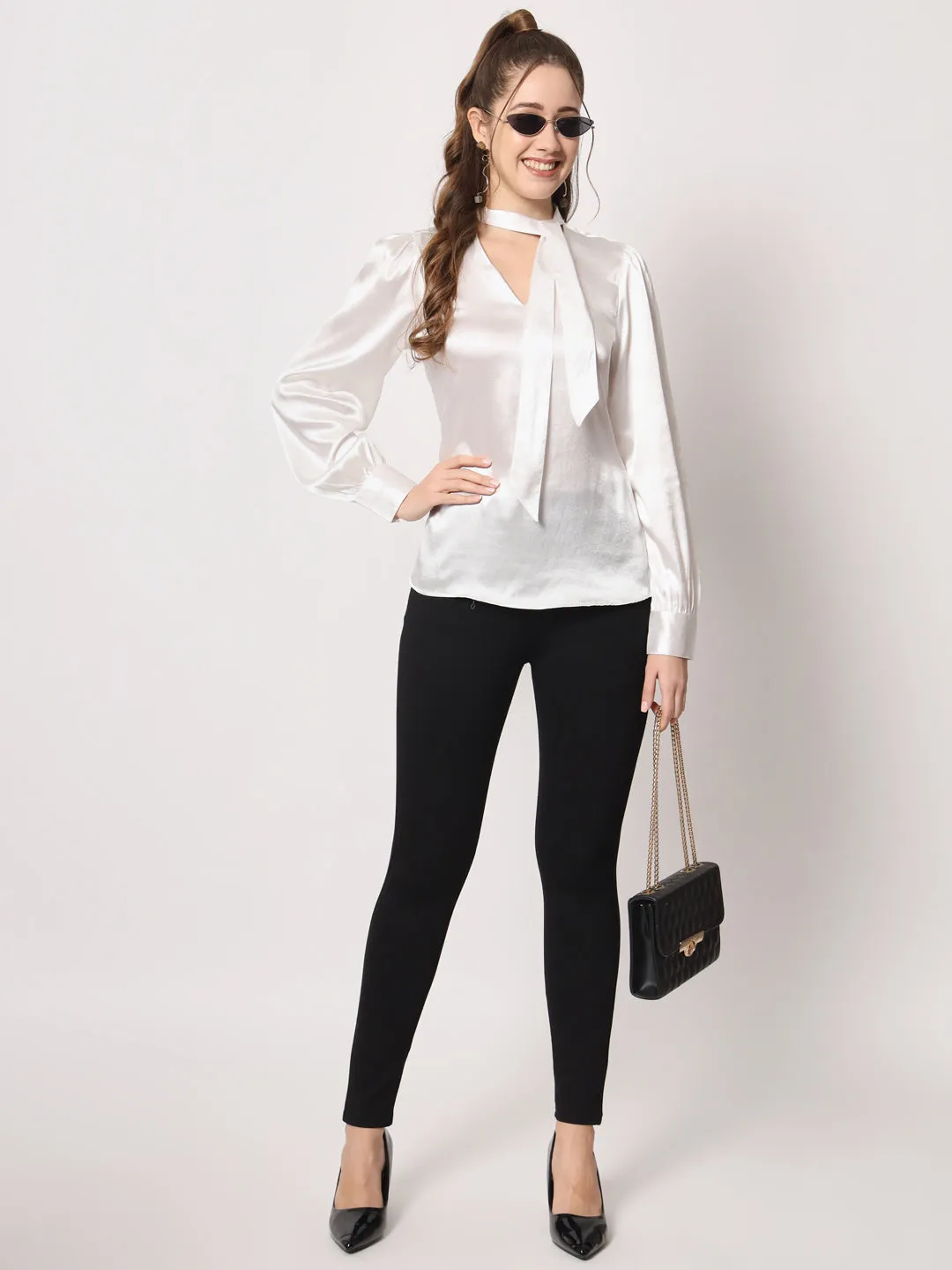 Tie-Up Neck Cuffed Sleeves Satin Top