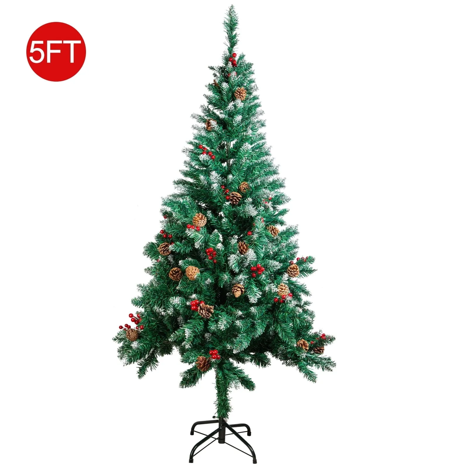 timeless 6ft Snow Flocked Hinged PVC Artificial Christmas Tree w/Pine Cones & Red Berries, Metal Stand 5' 5'