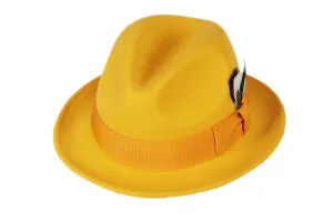 Trilby Soft 100% Australian Wool Felt Body With Removable Feather Fully Crushable Gold Great For Travel.