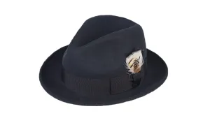 Trilby Soft 100% Australian Wool Felt Body With Removable Feather Fully Crushable Navy Blue Hat Great For Travel.