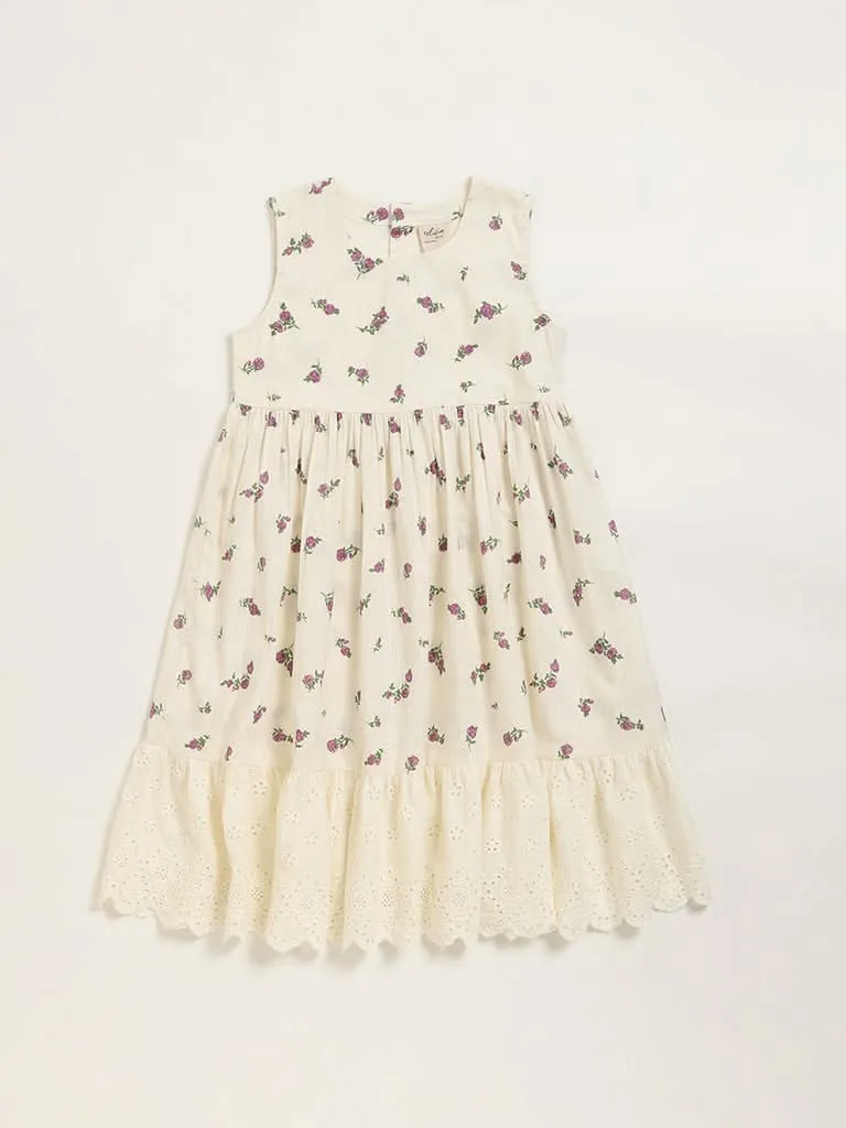 Utsa Kids White Floral Design Cotton Dress (8 -14yrs)