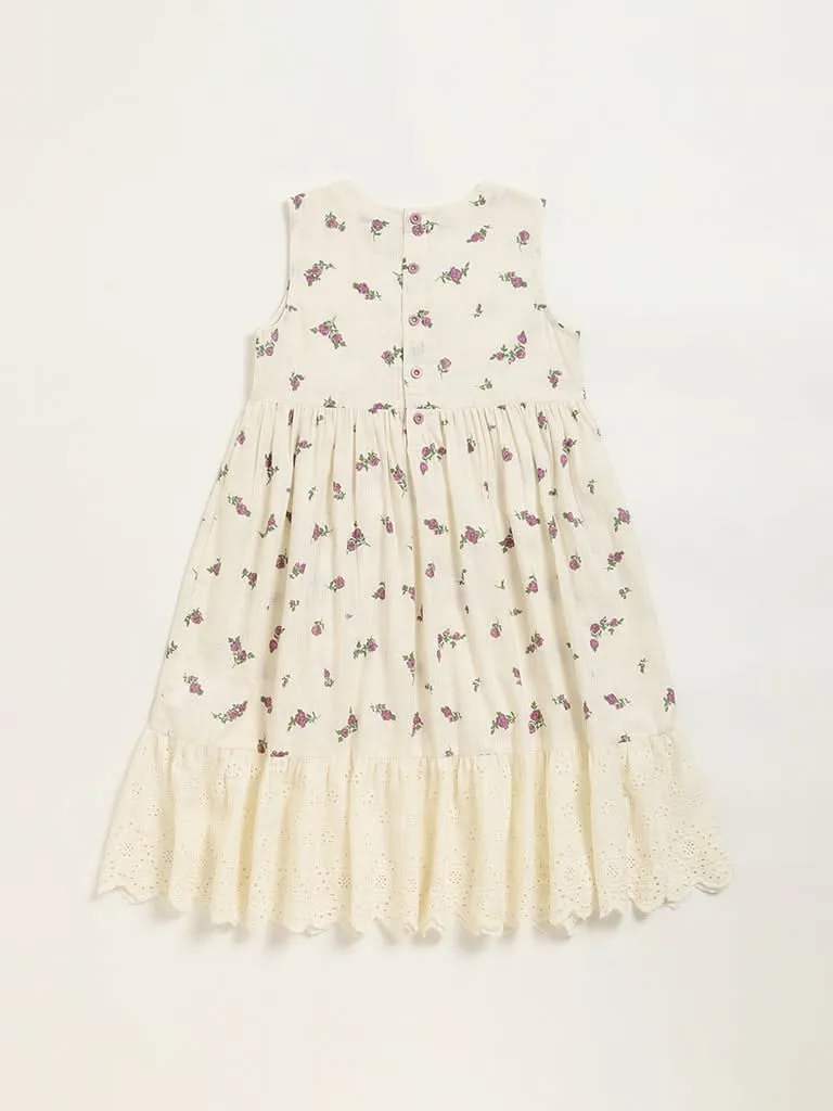 Utsa Kids White Floral Design Cotton Dress (8 -14yrs)