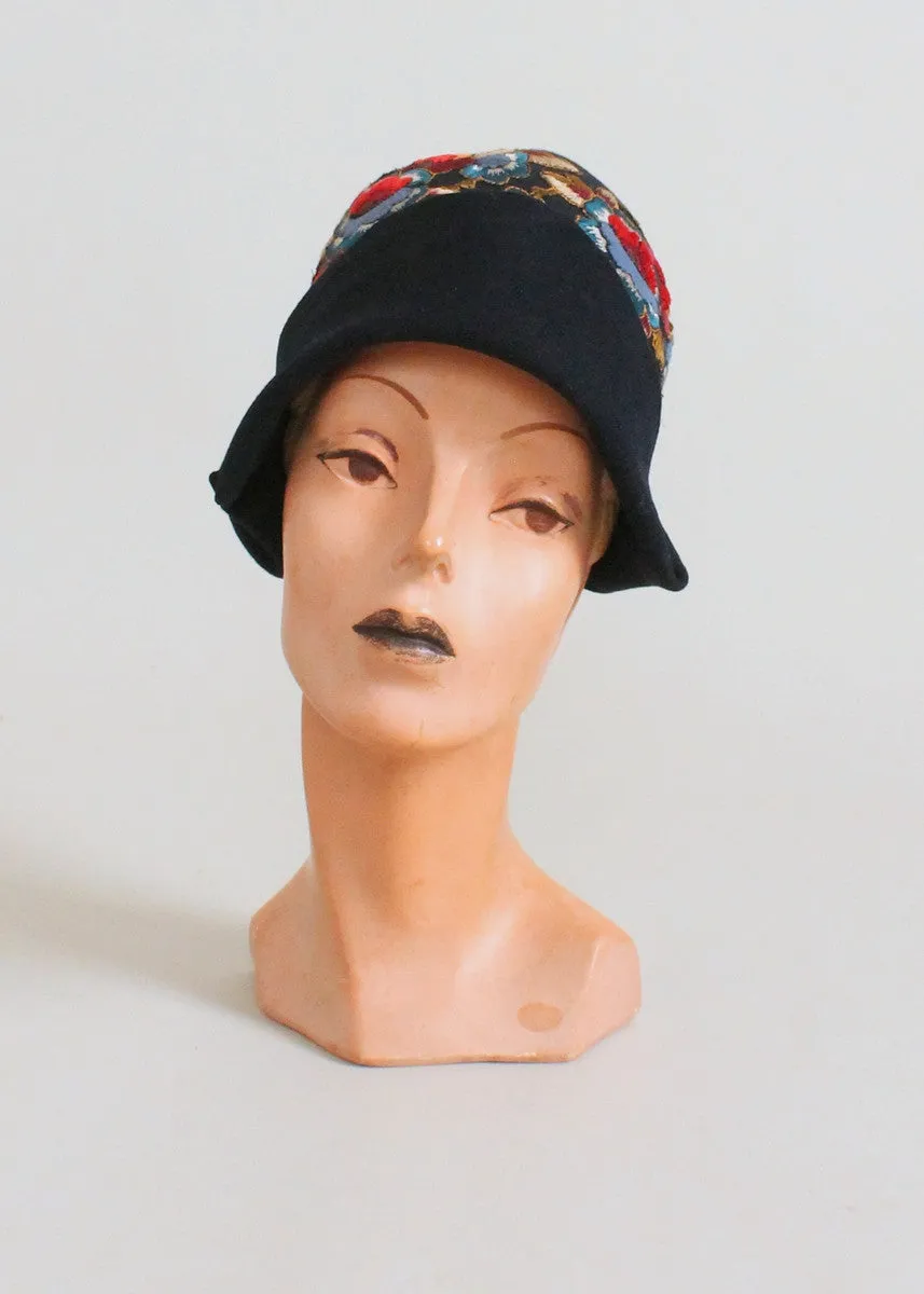 Vintage 1920s Navy Cloche with Blue and Red Flowers