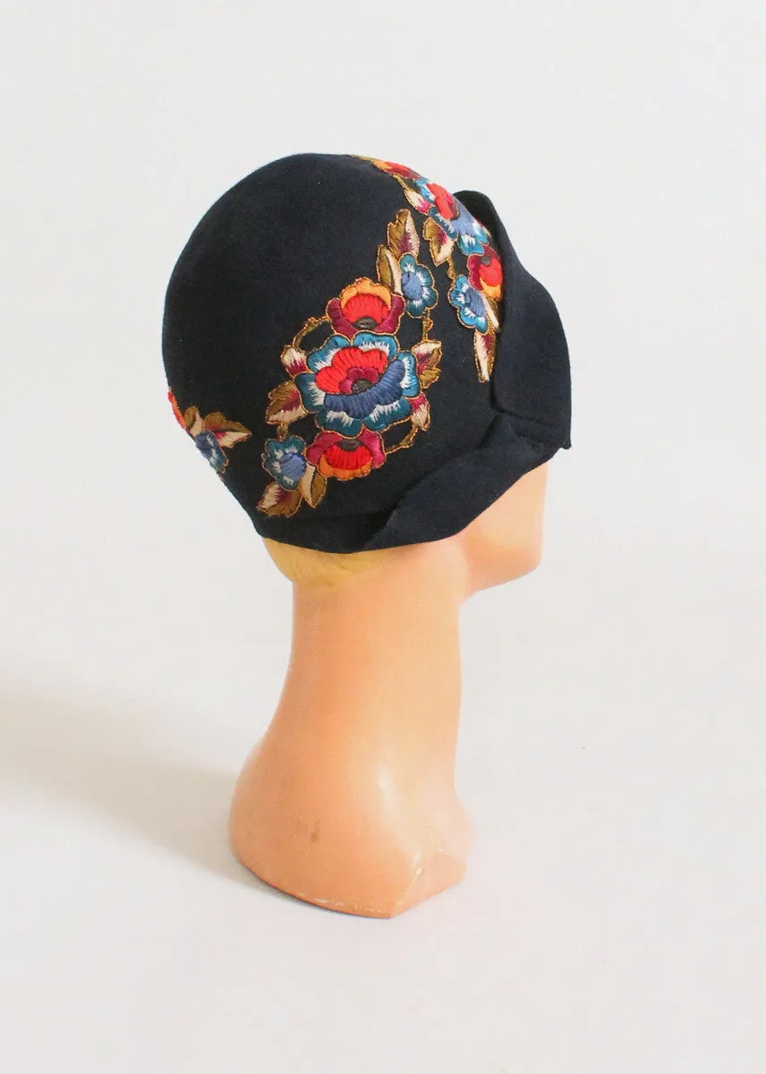 Vintage 1920s Navy Cloche with Blue and Red Flowers