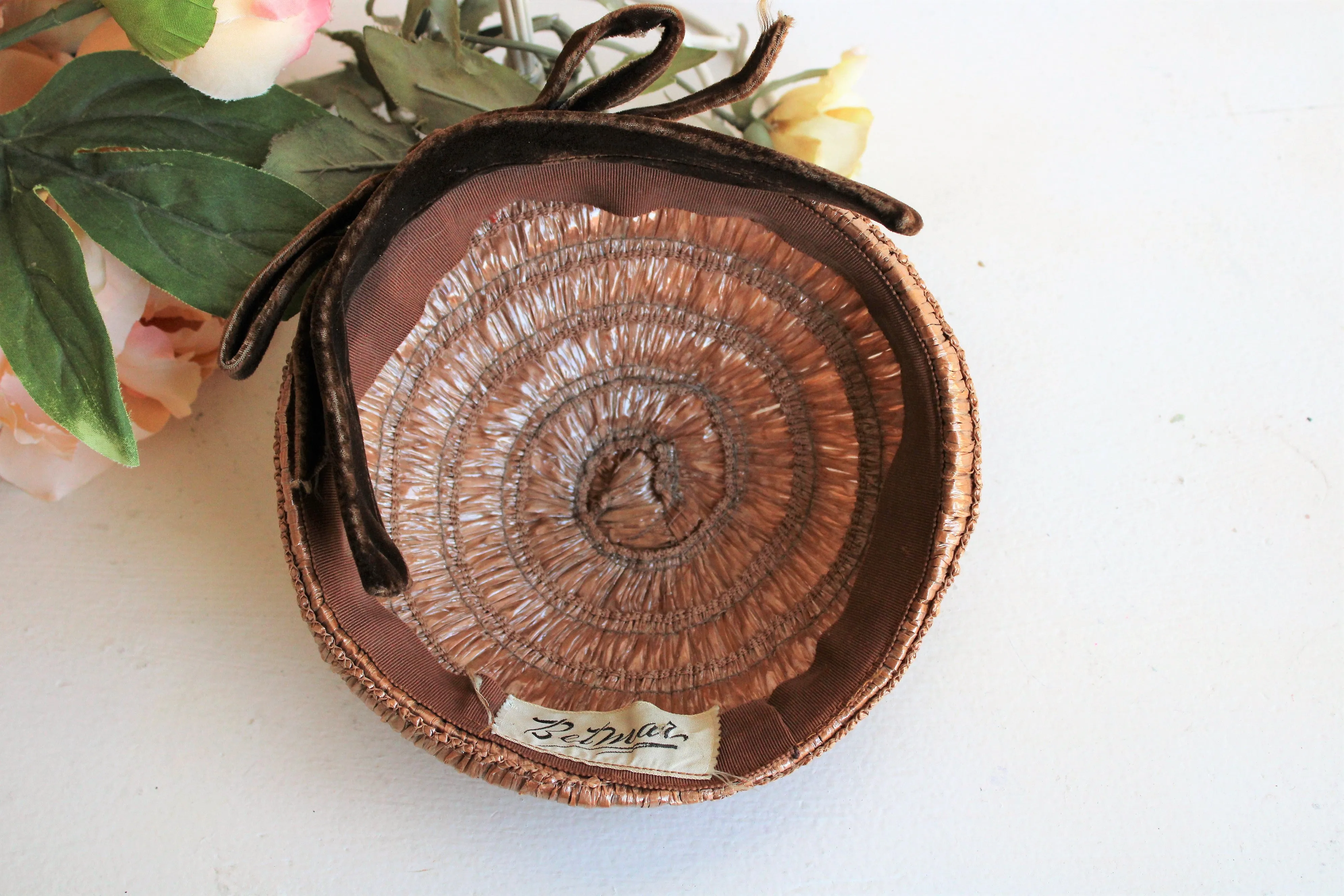 Vintage 1950s Raffia Straw Coolie Style Hat with Brown Velvet Trim