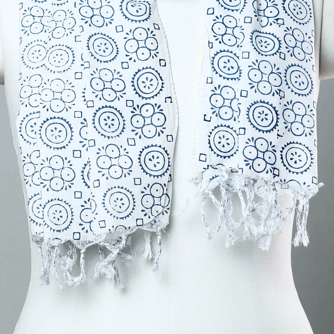 White - Sanganeri Block Printed Cotton Stole with Tassels 62