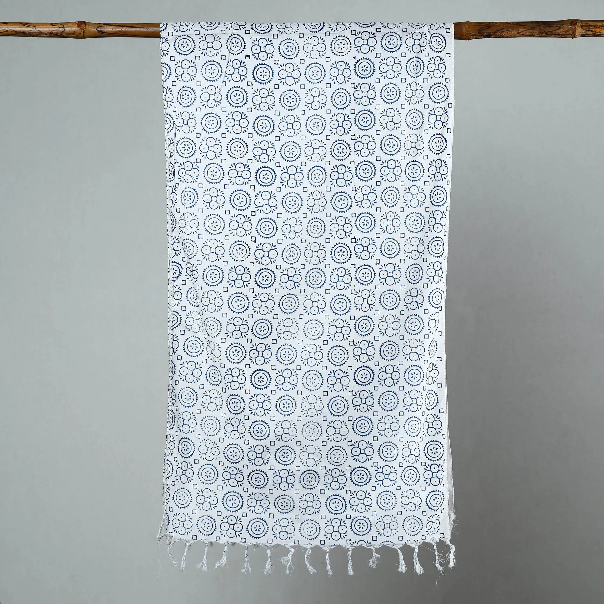 White - Sanganeri Block Printed Cotton Stole with Tassels 62