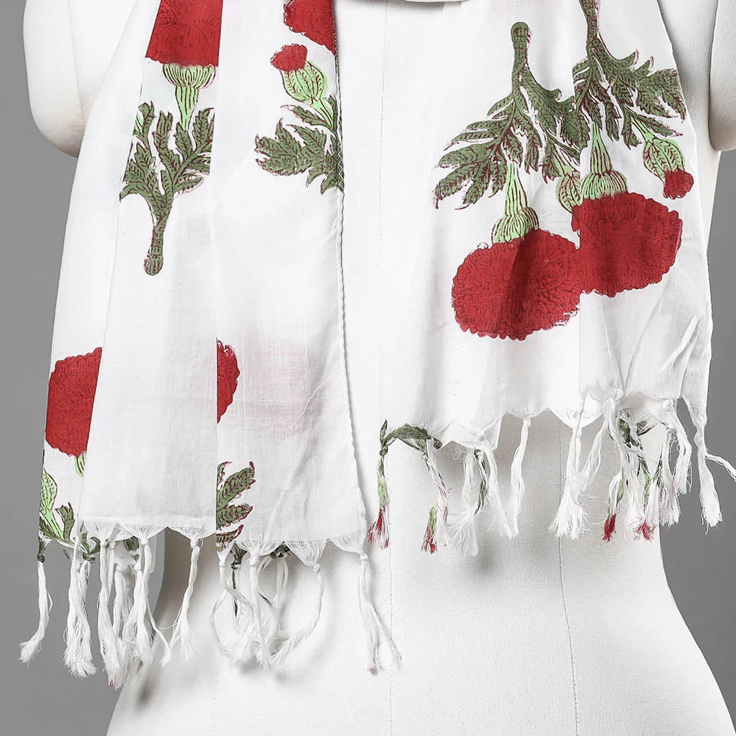 White - Sanganeri Block Printed Cotton Stole with Tassels