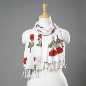 White - Sanganeri Block Printed Cotton Stole with Tassels