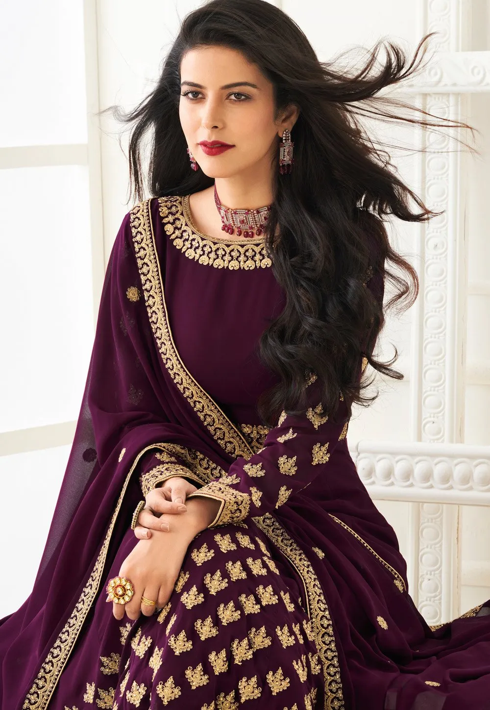 Wine Faux Georgette Embroidered Anarkali Suit