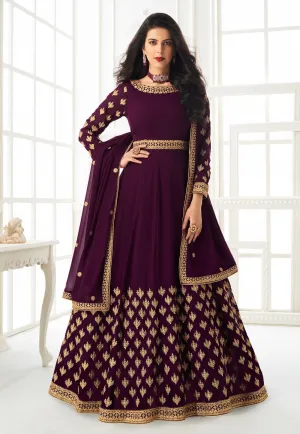 Wine Faux Georgette Embroidered Anarkali Suit