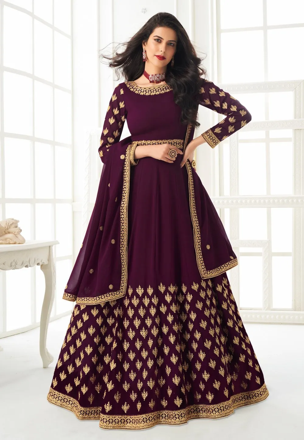 Wine Faux Georgette Embroidered Anarkali Suit