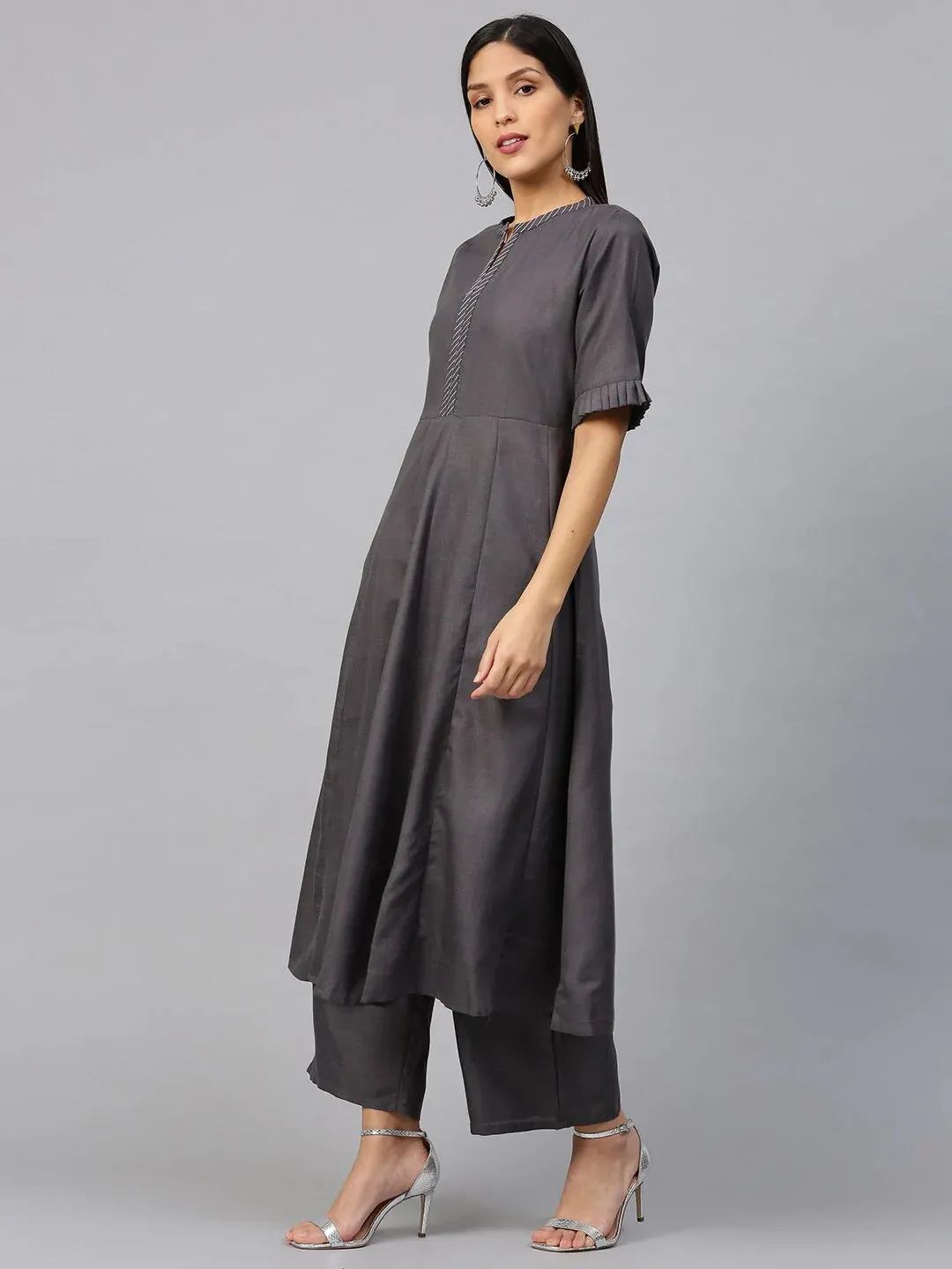 Women'S Charcoal Grey Solid Kurta With Palazzos & Dupatta