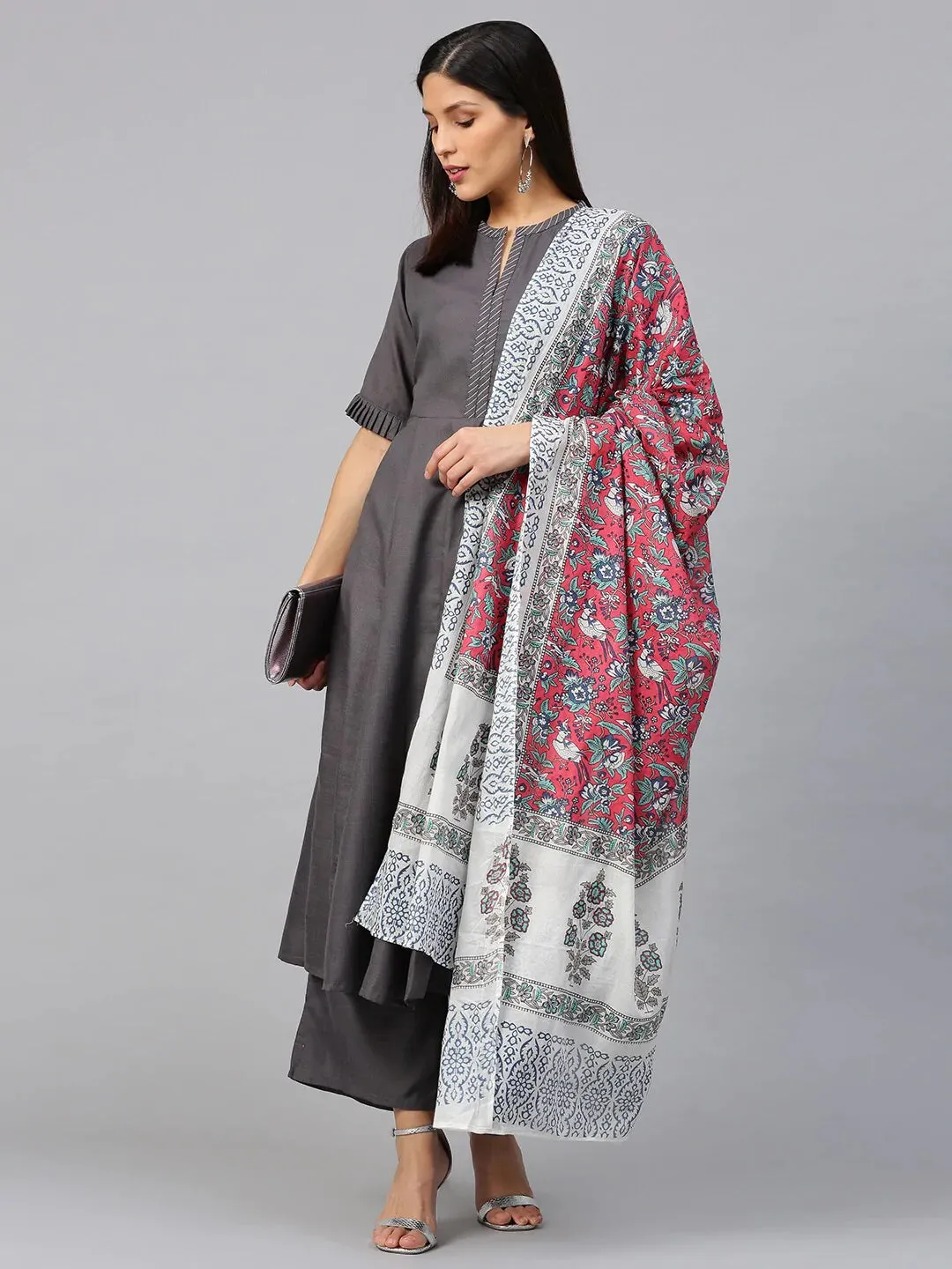 Women'S Charcoal Grey Solid Kurta With Palazzos & Dupatta