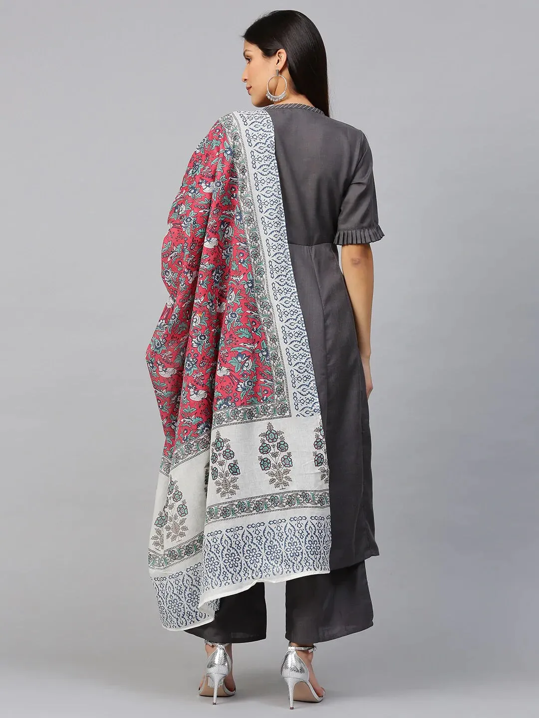 Women'S Charcoal Grey Solid Kurta With Palazzos & Dupatta