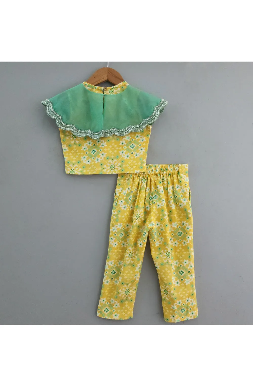 Yellow Ikat Printed Crop Top With Pant Set And Sequins Embroidered Cape