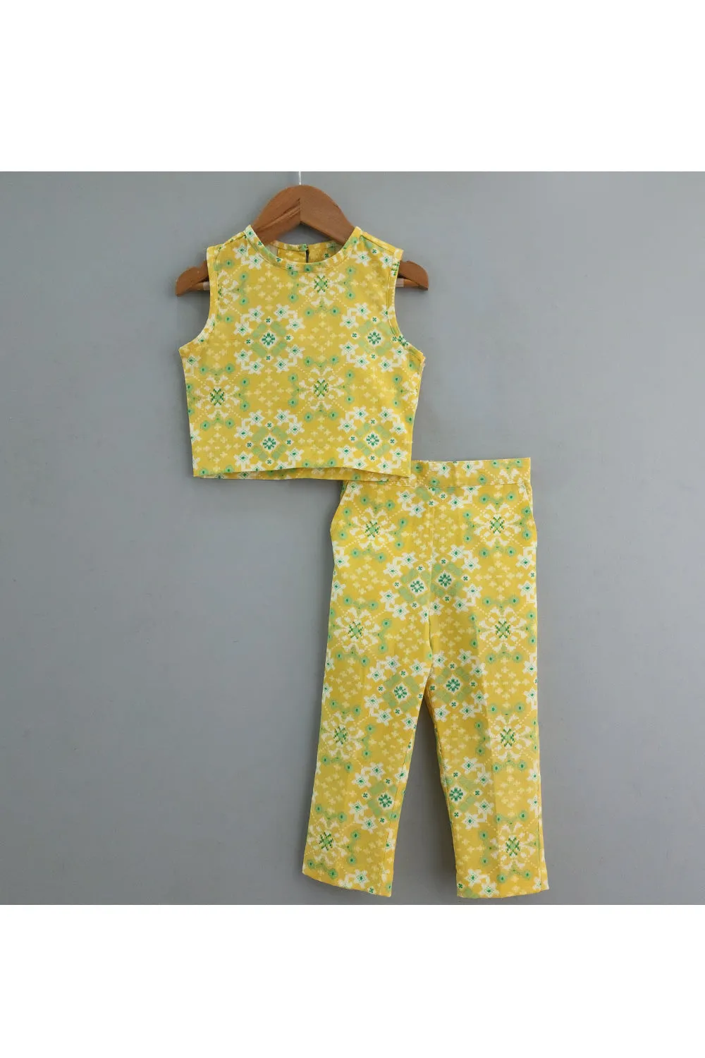 Yellow Ikat Printed Crop Top With Pant Set And Sequins Embroidered Cape